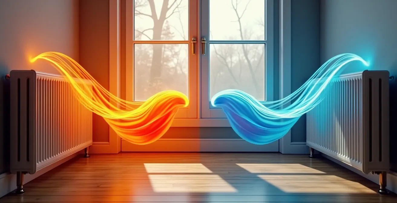 Comparaison visuelle de différents systèmes de distribution de chauffage dans une pièce avec fenêtres