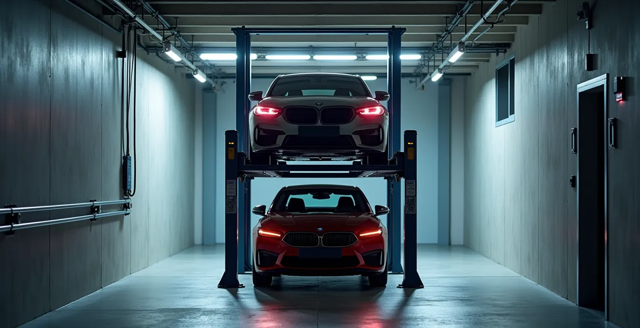 Système de lift hydraulique pour stationnement vertical dans un immeuble résidentiel montréalais