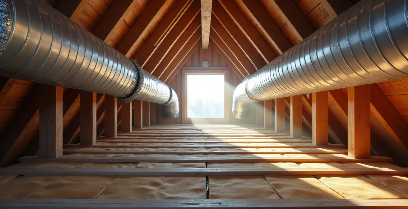 Vue large d'un système de ventilation mécanique installé dans un grenier d'immeuble ancien