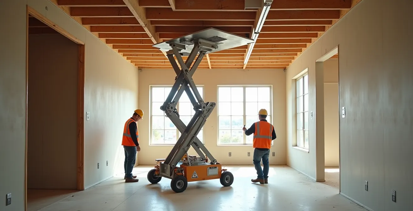Démonstration de l'utilisation d'un lève-panneau mécanique pour positionner une feuille de gypse au plafond
