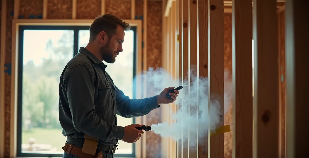 Technicien marquant les fuites d'air au ruban lors d'un test d'étanchéité intermédiaire