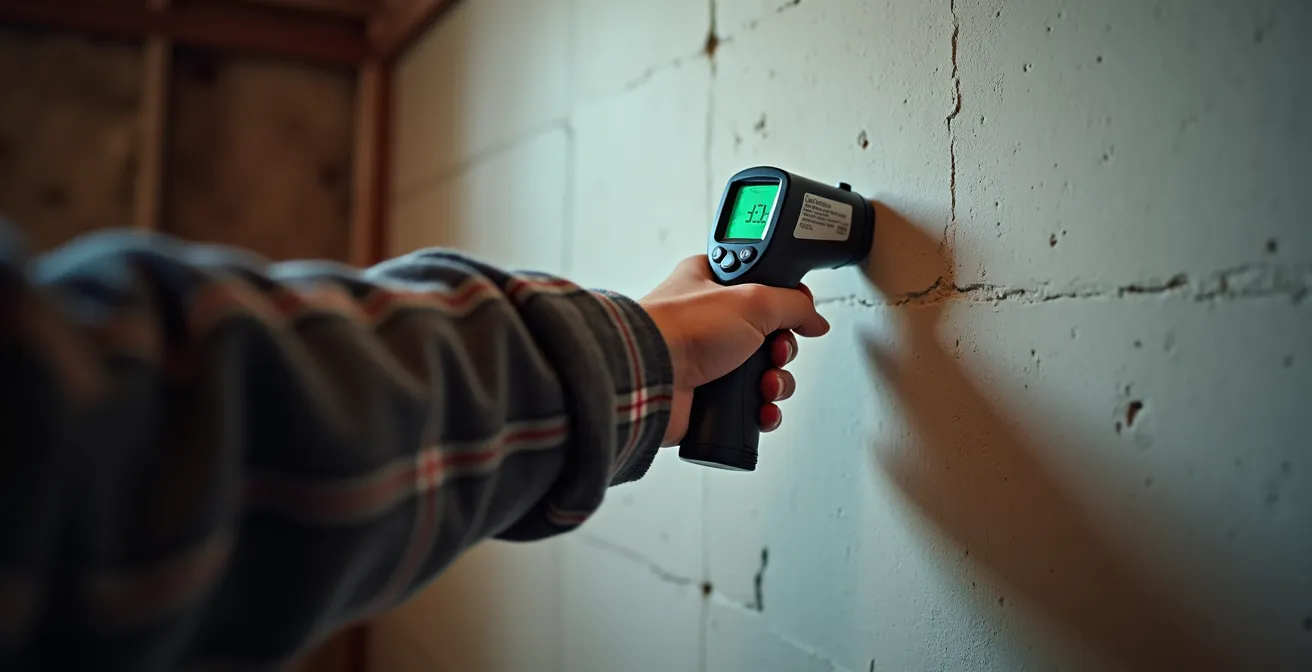 Utilisation d'un thermomètre infrarouge pour détecter les zones froides sur un mur de sous-sol