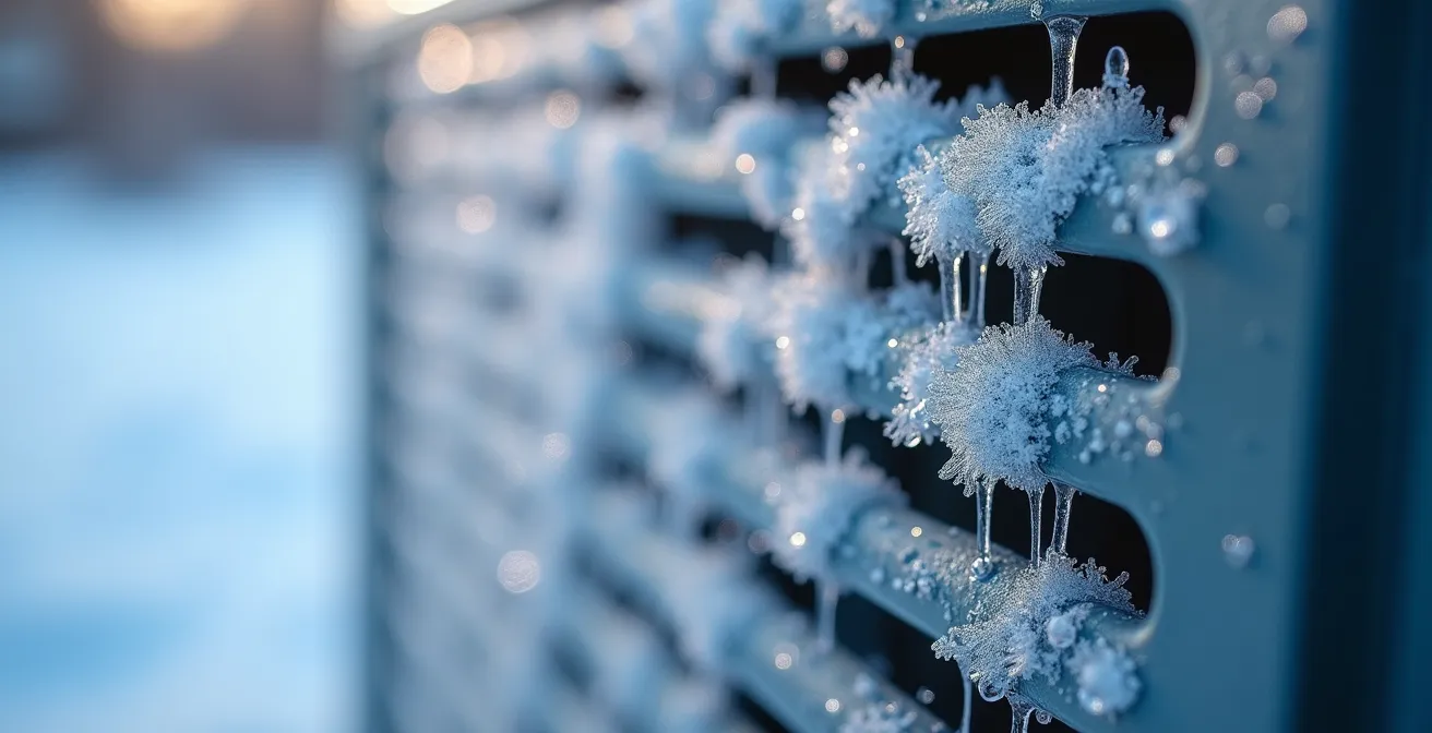 Thermopompe extérieure couverte de givre fonctionnant par grand froid québécois