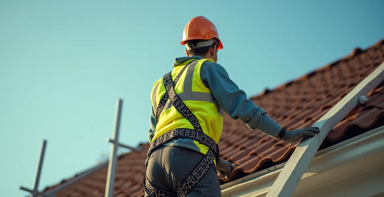 Travailleur sur un toit résidentiel équipé d'un harnais de sécurité et de garde-corps temporaires