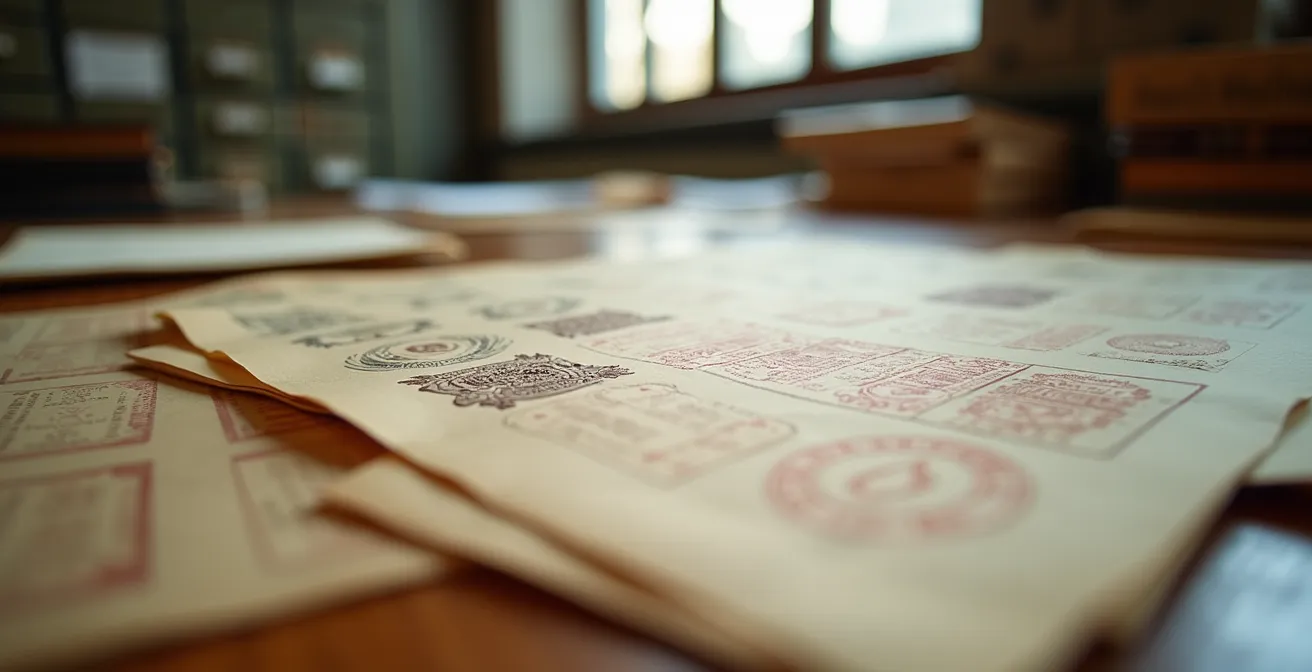 Intérieur d'un bureau municipal avec documents d'archives et registres fonciers sur une table