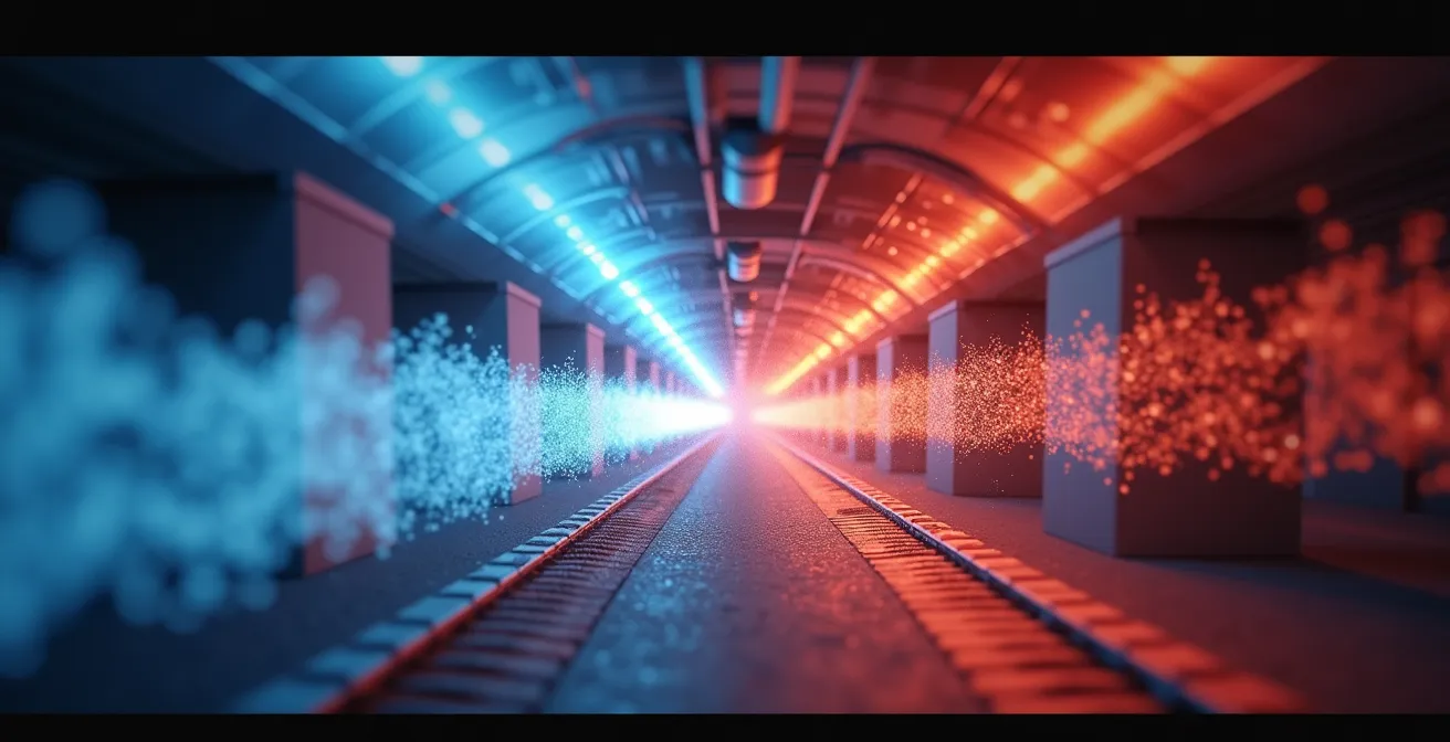 Système VRE installé dans un sous-sol montrant l'échange de chaleur entre l'air entrant et sortant