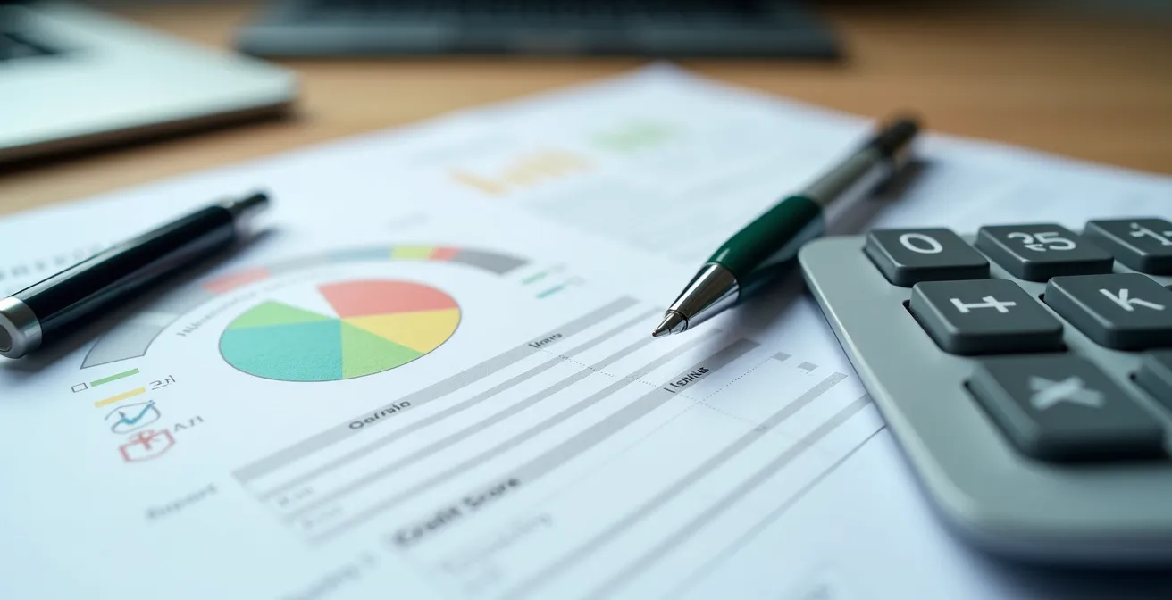 Bureau professionnel avec dossiers organisés et ordinateur montrant des graphiques d'évaluation