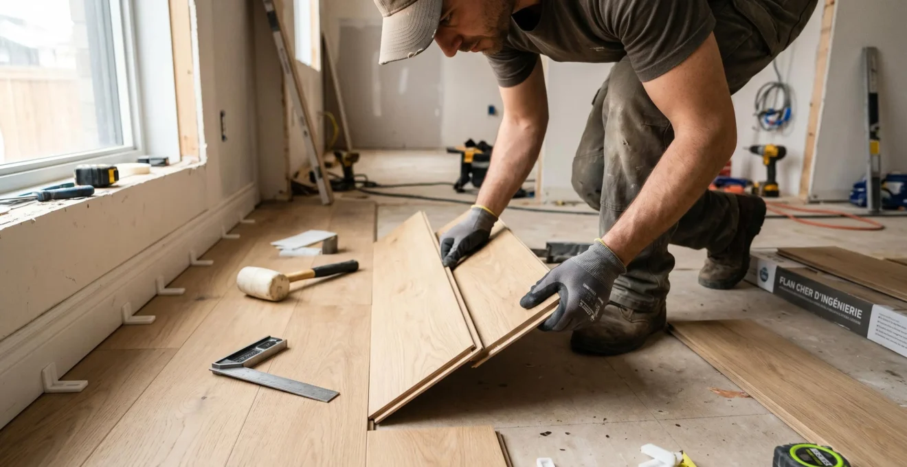 Gros plan de deux mains emboîtant des lames de plancher flottant en bois d'ingénierie sur un chantier résidentiel québécois, outils d'installation visibles en arrière-plan