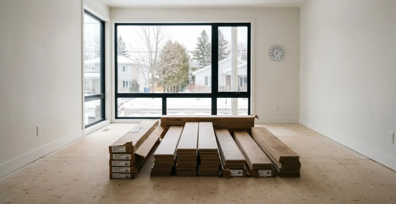 Paquets de lames de plancher flottant empilés dans une pièce vide avec thermomètre mural, vue hivernale québécoise par la fenêtre en arrière-plan