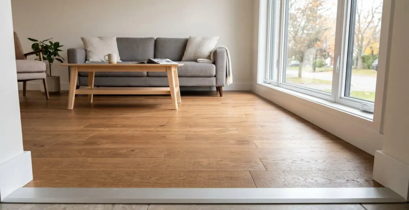Salon résidentiel contemporain québécois avec plancher flottant fraîchement installé, jonction plinthes et seuil de porte visibles, mobilier moderne et lumière naturelle