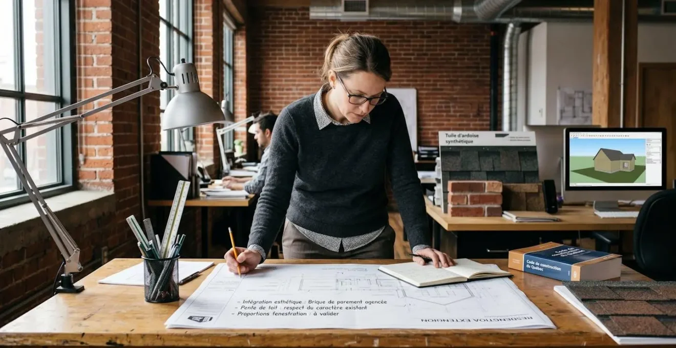 Architecte examinant des plans d'agrandissement résidentiel annotés sur une table de travail, avec échantillons de matériaux et Code de construction du Québec en arrière-plan