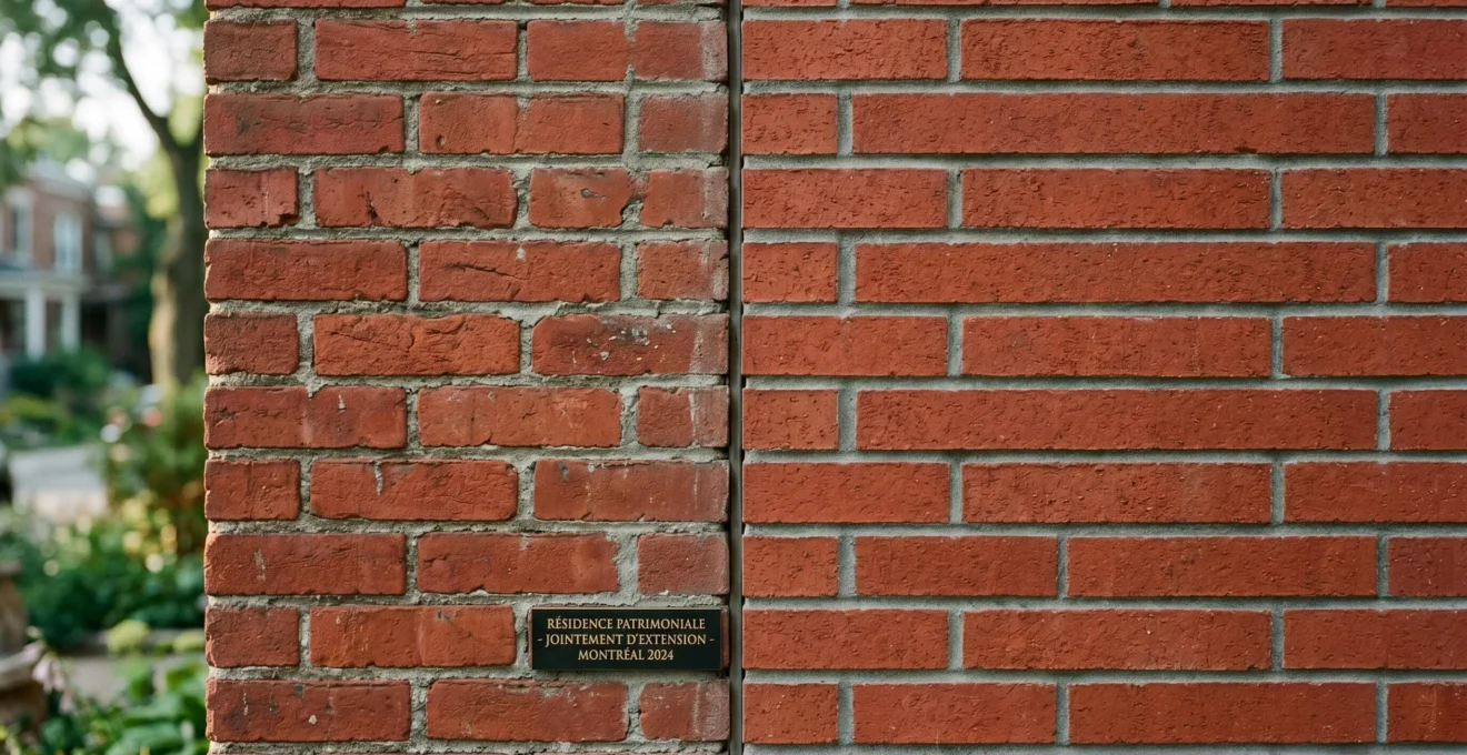 Détail de jonction entre brique patrimoniale originale et brique neuve assortie sur une extension de maison montréalaise, montrant l'alignement précis des joints de mortier