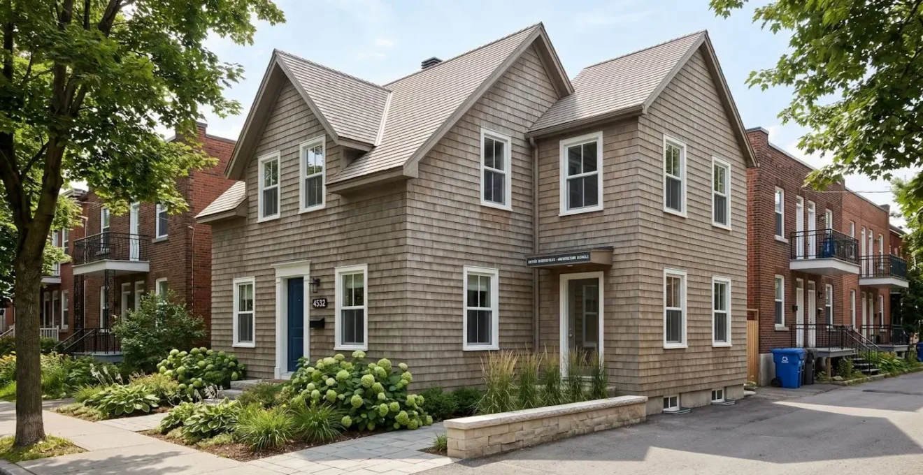 Maison résidentielle montréalaise avec extension latérale harmonieusement intégrée, montrant la continuité des matériaux de revêtement et de la toiture entre la structure originale et l'ajout récent